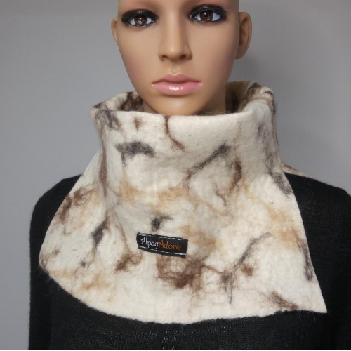  Cache-cou alpaga FALA / foulard feutré en alpaga naturel : couleur blanc marbre fauve brun noir
